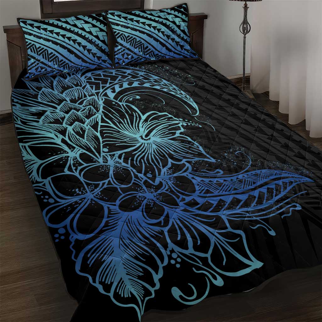 Floral Polynesian Hibiscus Tattoo Quilt Bed Set Blue Gradient Style LT9 Blue - Polynesian Pride