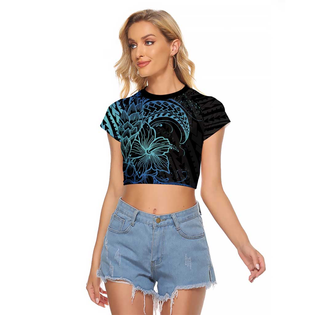 Floral Polynesian Hibiscus Tattoo Raglan Cropped T Shirt Blue Gradient Style