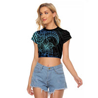 Floral Polynesian Hibiscus Tattoo Raglan Cropped T Shirt Blue Gradient Style