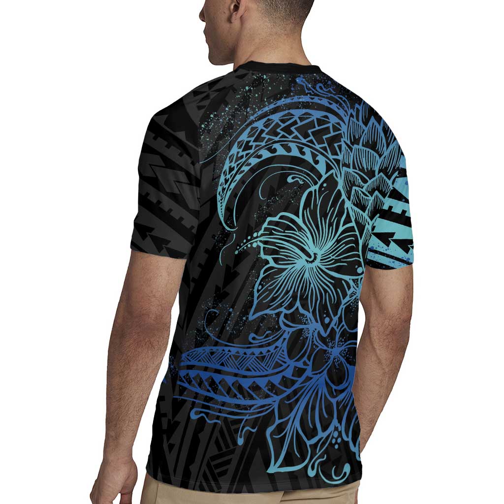 Floral Polynesian Hibiscus Tattoo Rugby Jersey Blue Gradient Style