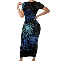 Floral Polynesian Hibiscus Tattoo Short Sleeve Bodycon Dress Blue Gradient Style LT9 Long Dress Blue - Polynesian Pride