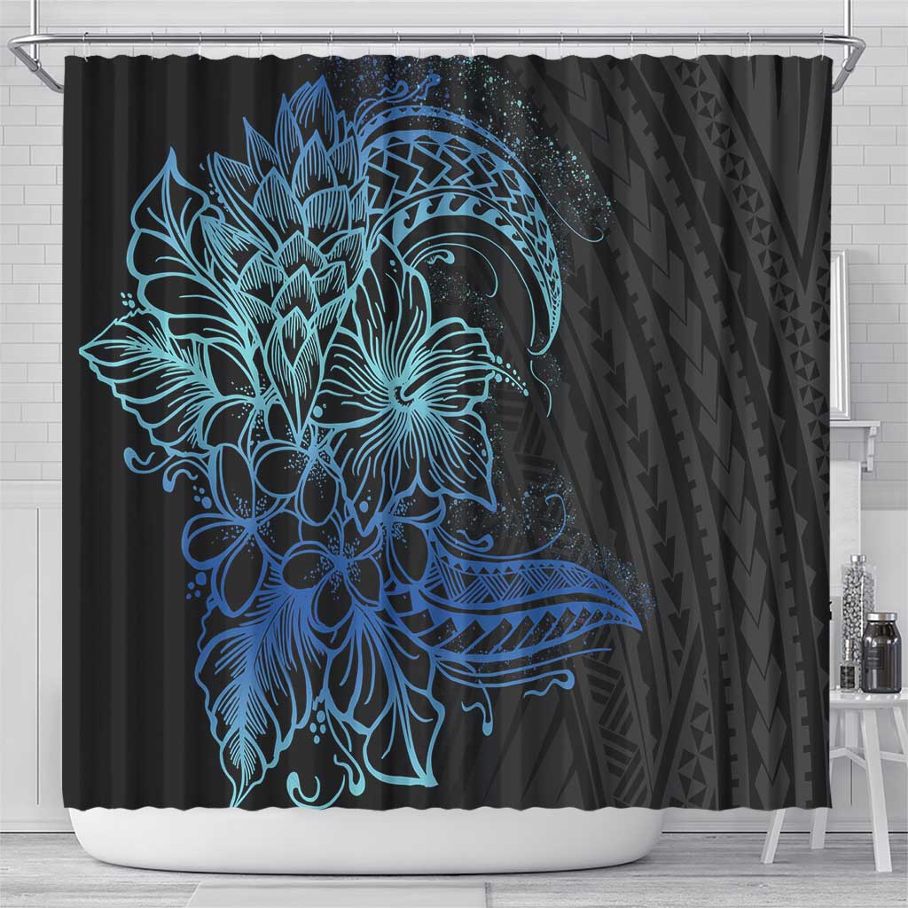 Floral Polynesian Hibiscus Tattoo Shower Curtain Blue Gradient Style