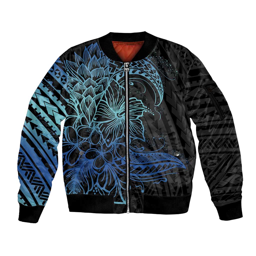 Floral Polynesian Hibiscus Tattoo Sleeve Zip Bomber Jacket Blue Gradient Style LT9 Unisex Blue - Polynesian Pride