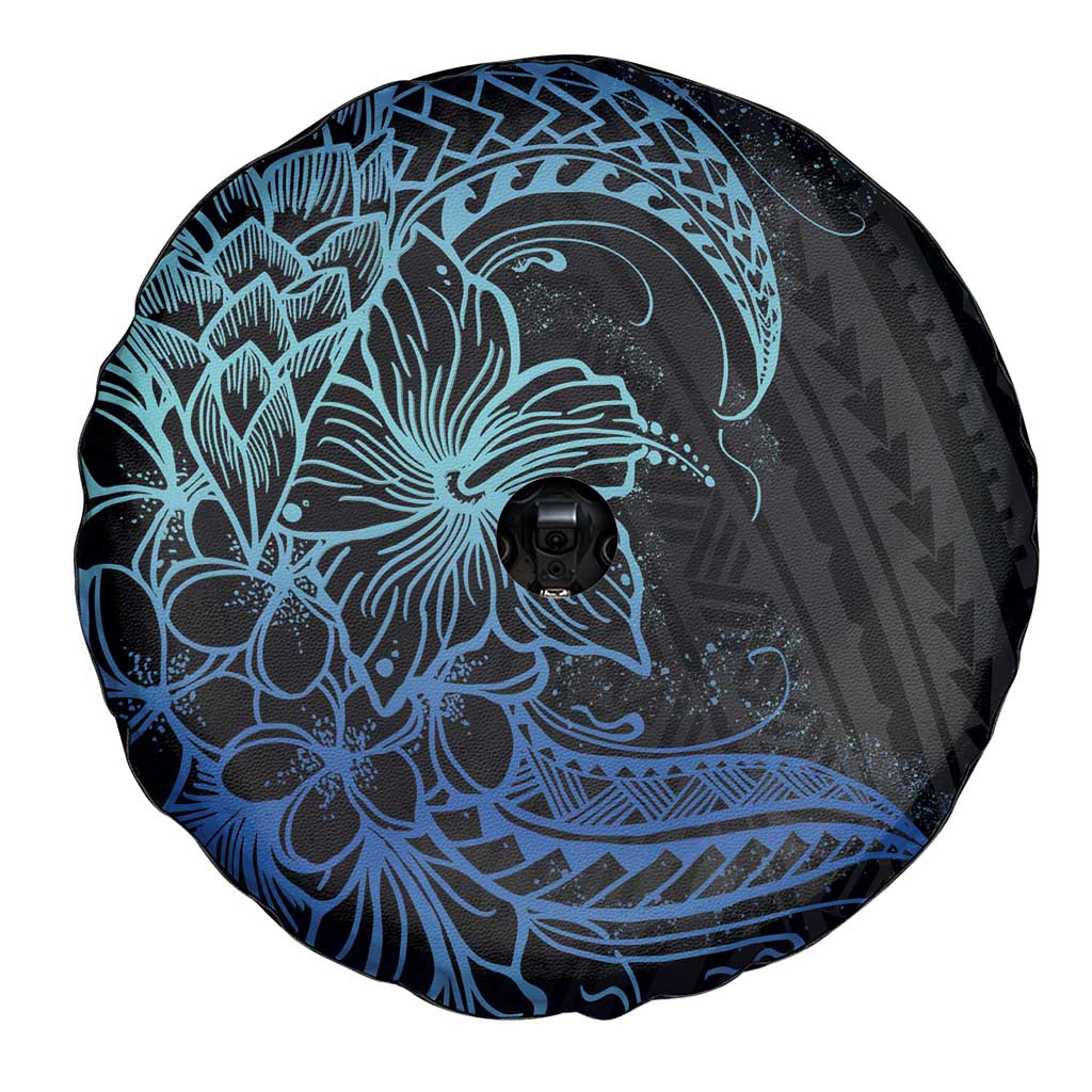 Floral Polynesian Hibiscus Tattoo Spare Tire Cover Blue Gradient Style