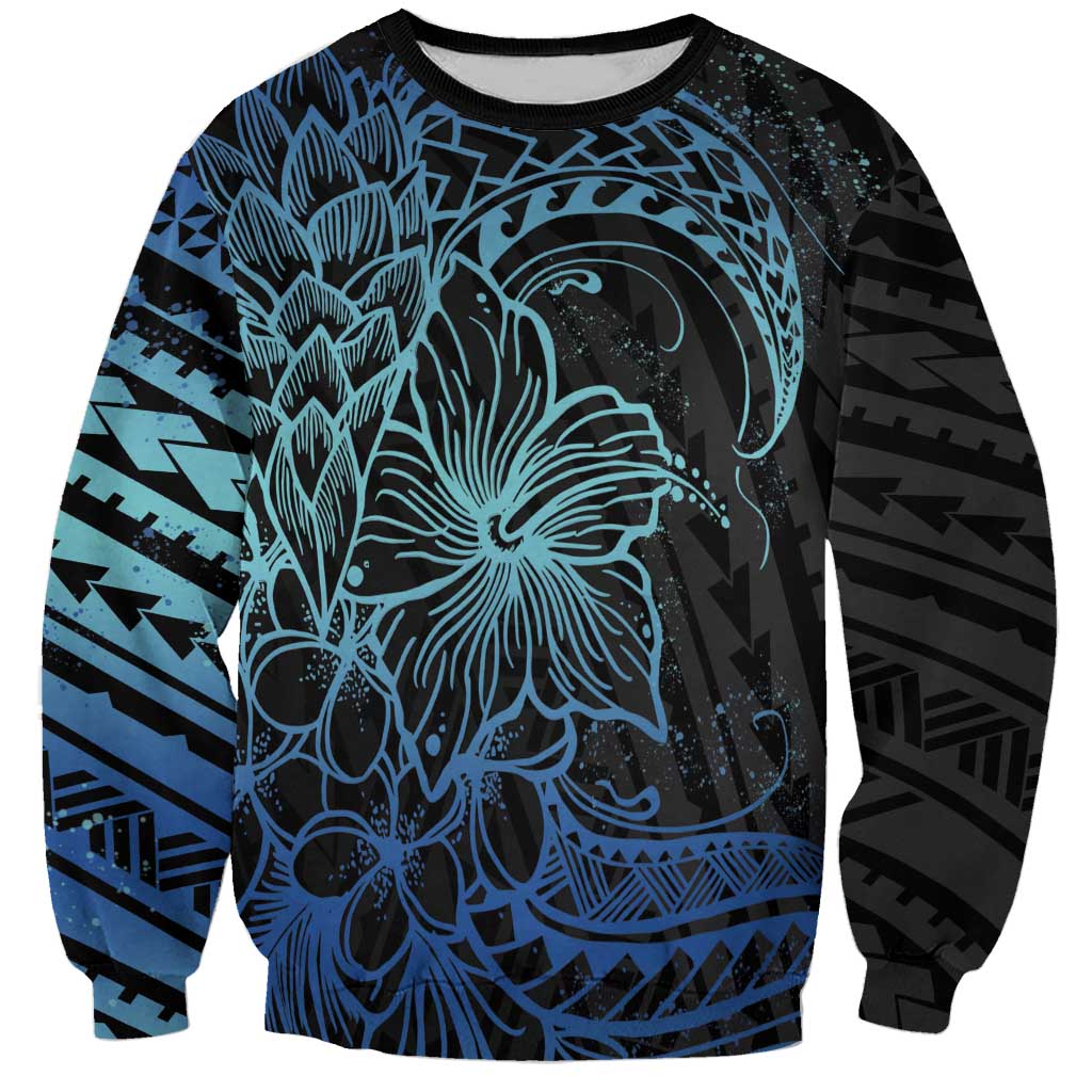 Floral Polynesian Hibiscus Tattoo Sweatshirt Blue Gradient Style