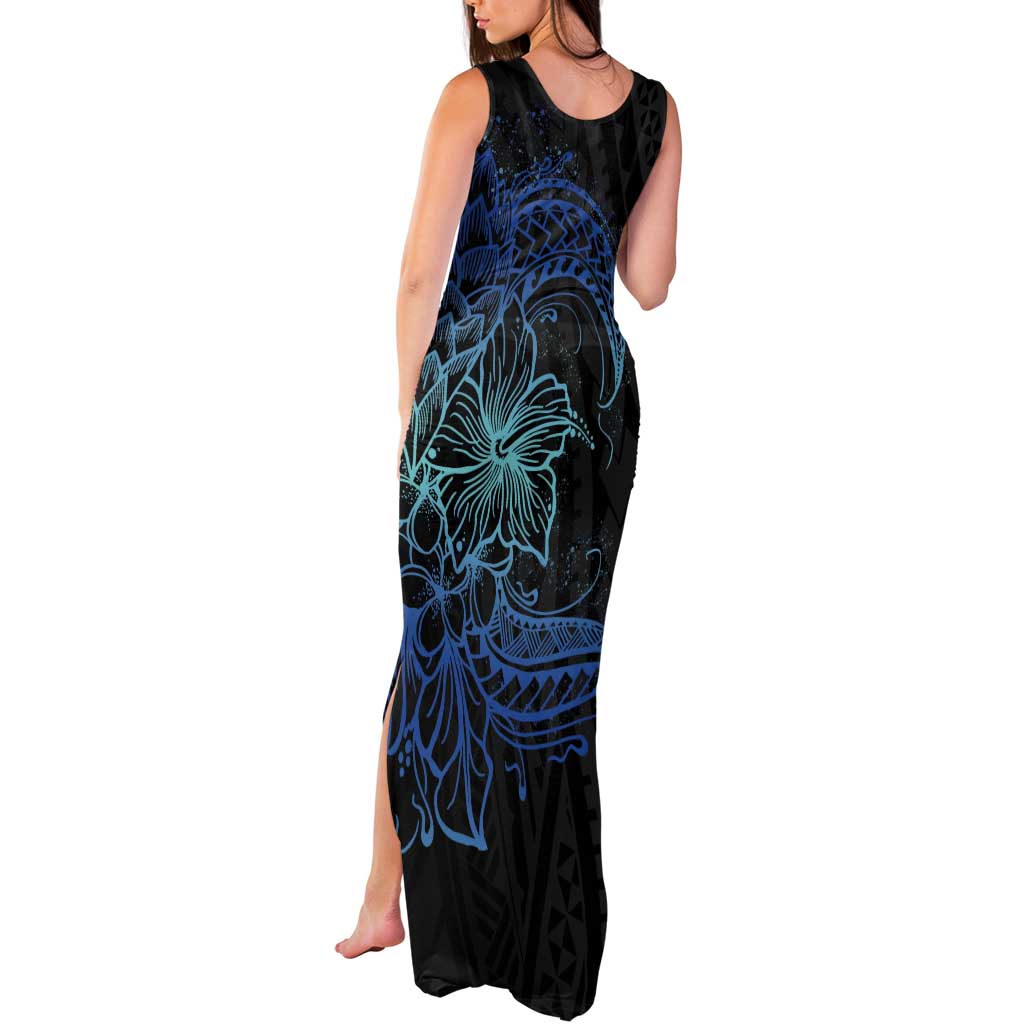 Floral Polynesian Hibiscus Tattoo Tank Maxi Dress Blue Gradient Style LT9 - Polynesian Pride