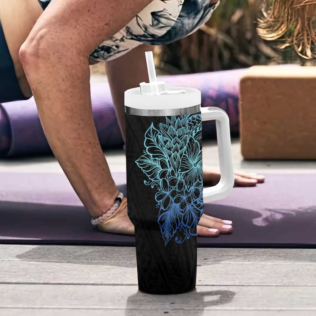 Floral Polynesian Hibiscus Tattoo Tumbler With Handle Blue Gradient Style