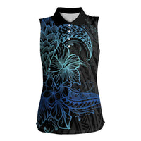 Floral Polynesian Hibiscus Tattoo Women Sleeveless Polo Shirt Blue Gradient Style
