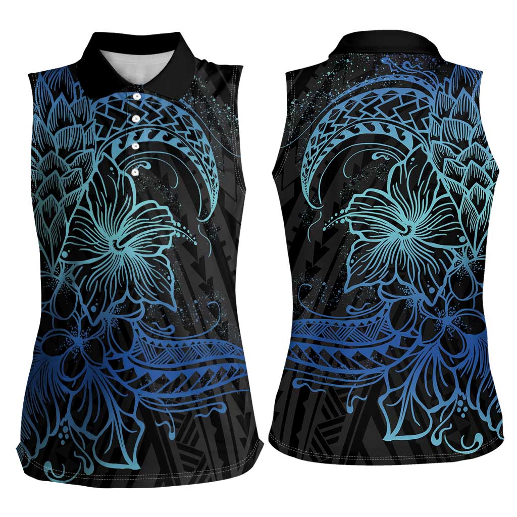 Floral Polynesian Hibiscus Tattoo Women Sleeveless Polo Shirt Blue Gradient Style