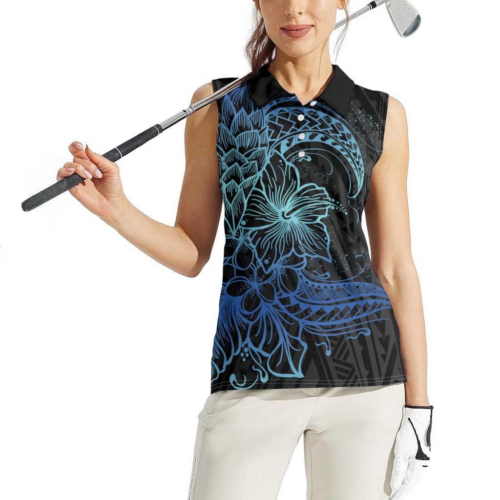 Floral Polynesian Hibiscus Tattoo Women Sleeveless Polo Shirt Blue Gradient Style