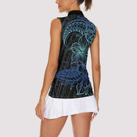 Floral Polynesian Hibiscus Tattoo Women Sleeveless Polo Shirt Blue Gradient Style