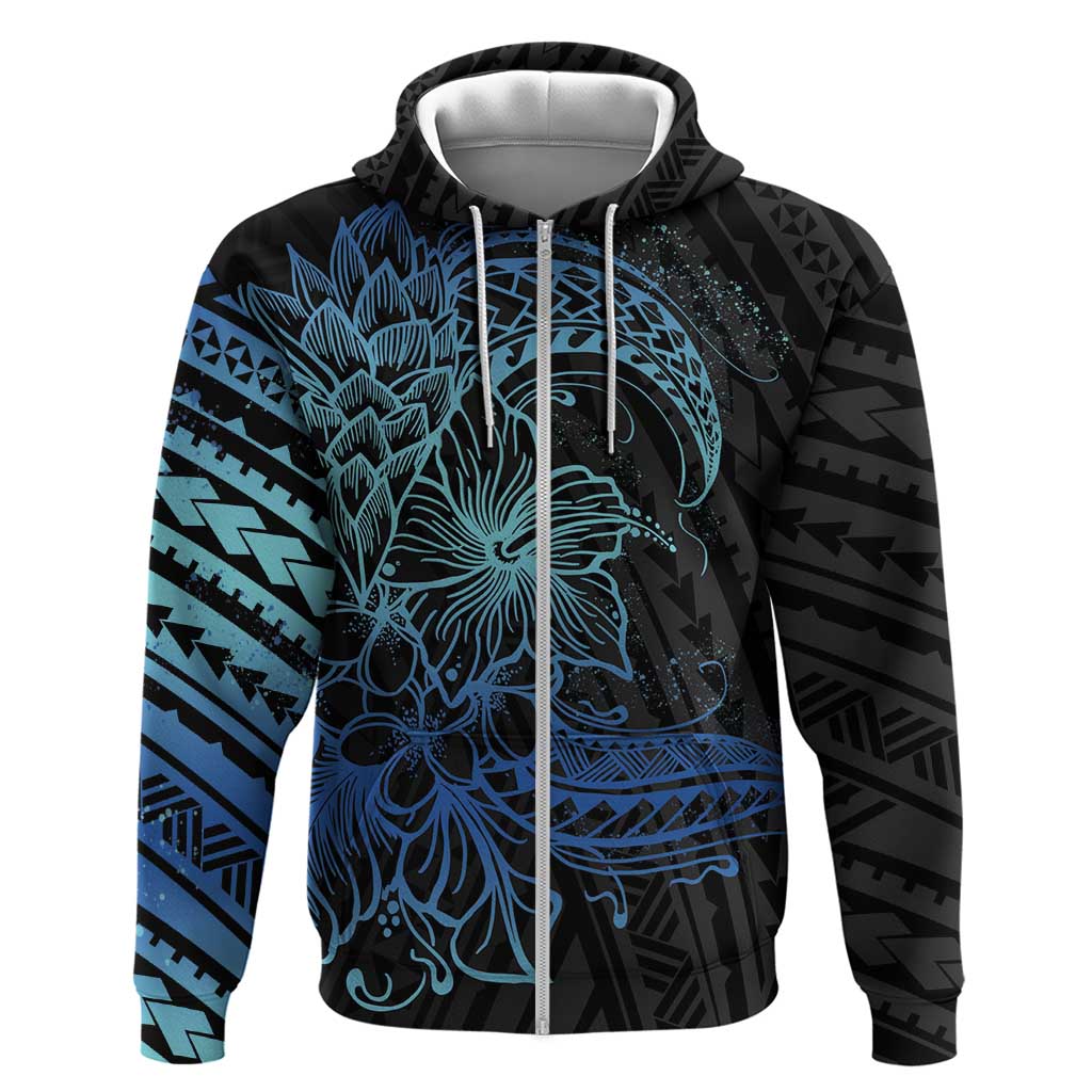 Floral Polynesian Hibiscus Tattoo Zip Hoodie Blue Gradient Style LT9 Zip Hoodie Blue - Polynesian Pride
