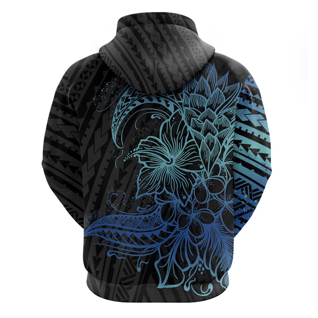 Floral Polynesian Hibiscus Tattoo Zip Hoodie Blue Gradient Style LT9 - Polynesian Pride