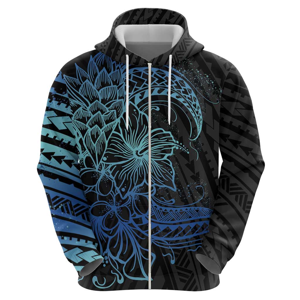 Floral Polynesian Hibiscus Tattoo Zip Hoodie Blue Gradient Style LT9 - Polynesian Pride