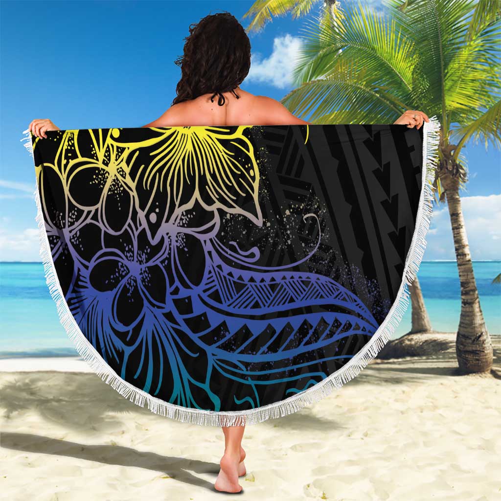 Floral Polynesian Hibiscus Tattoo Beach Blanket Green Gradient Style