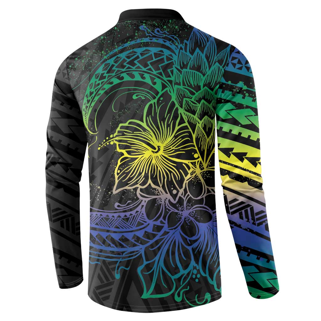 Floral Polynesian Hibiscus Tattoo Button Sweatshirt Green Gradient Style LT9 - Polynesian Pride