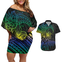 Floral Polynesian Hibiscus Tattoo Couples Matching Off Shoulder Short Dress and Hawaiian Shirt Green Gradient Style