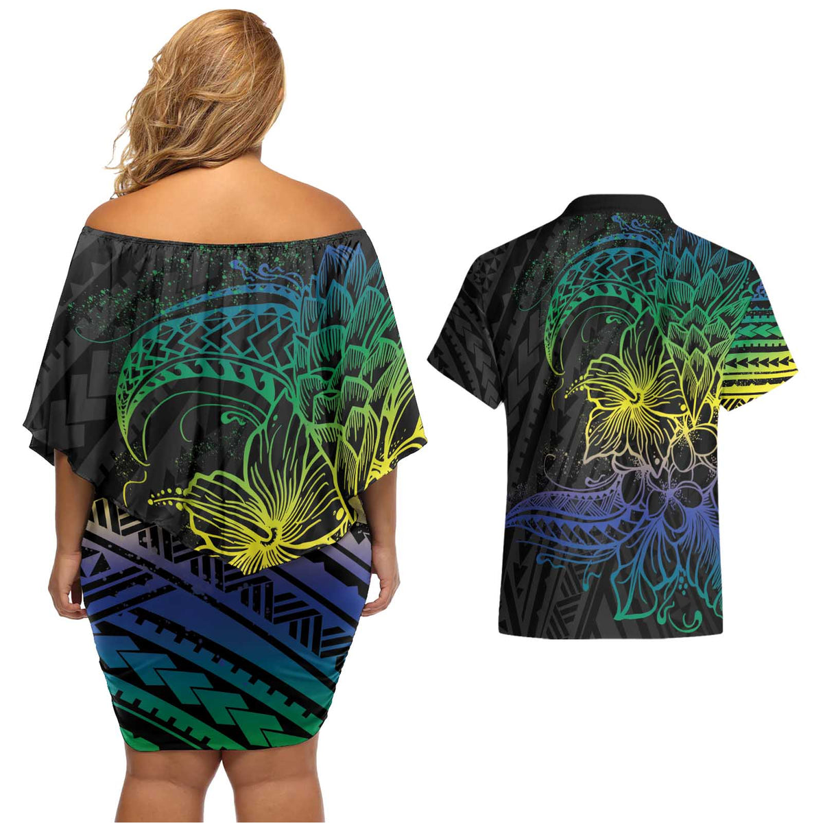 Floral Polynesian Hibiscus Tattoo Couples Matching Off Shoulder Short Dress and Hawaiian Shirt Green Gradient Style