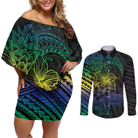 Floral Polynesian Hibiscus Tattoo Couples Matching Off Shoulder Short Dress and Long Sleeve Button Shirt Green Gradient Style