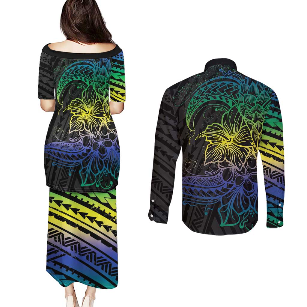 Floral Polynesian Hibiscus Tattoo Couples Matching Puletasi and Long Sleeve Button Shirt Green Gradient Style