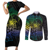 Floral Polynesian Hibiscus Tattoo Couples Matching Short Sleeve Bodycon Dress and Long Sleeve Button Shirt Green Gradient Style