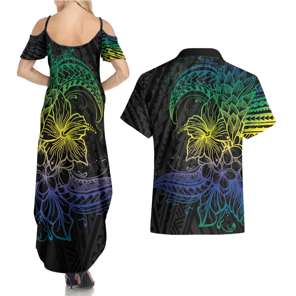 Floral Polynesian Hibiscus Tattoo Couples Matching Summer Maxi Dress and Hawaiian Shirt Green Gradient Style