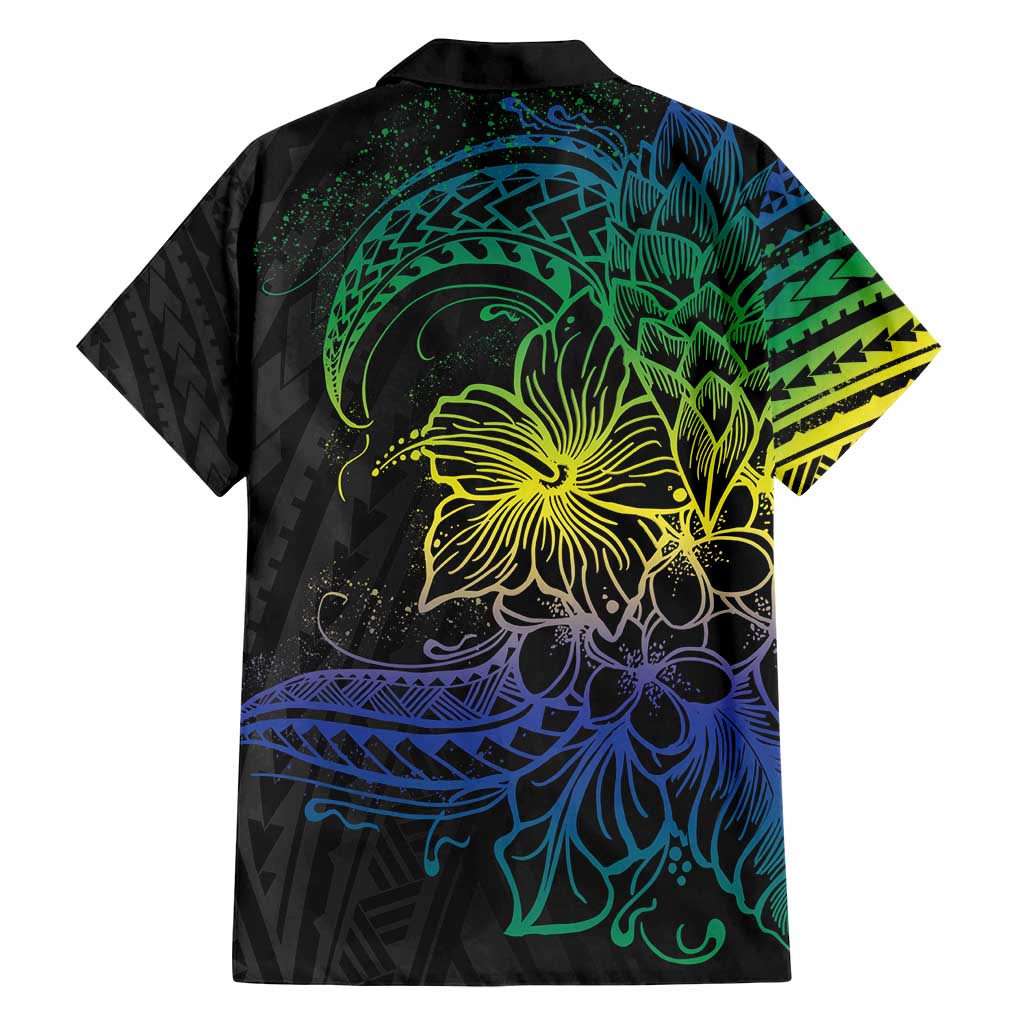 Floral Polynesian Hibiscus Tattoo Family Matching Long Sleeve Bodycon Dress and Hawaiian Shirt Green Gradient Style