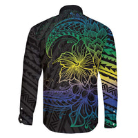 Floral Polynesian Hibiscus Tattoo Family Matching Long Sleeve Bodycon Dress and Hawaiian Shirt Green Gradient Style