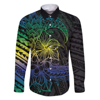 Floral Polynesian Hibiscus Tattoo Family Matching Mermaid Dress and Hawaiian Shirt Green Gradient Style LT9 Dad's Shirt - Long Sleeve Green - Polynesian Pride