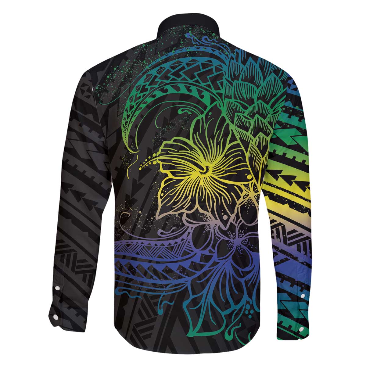 Floral Polynesian Hibiscus Tattoo Family Matching Off The Shoulder Long Sleeve Dress and Hawaiian Shirt Green Gradient Style