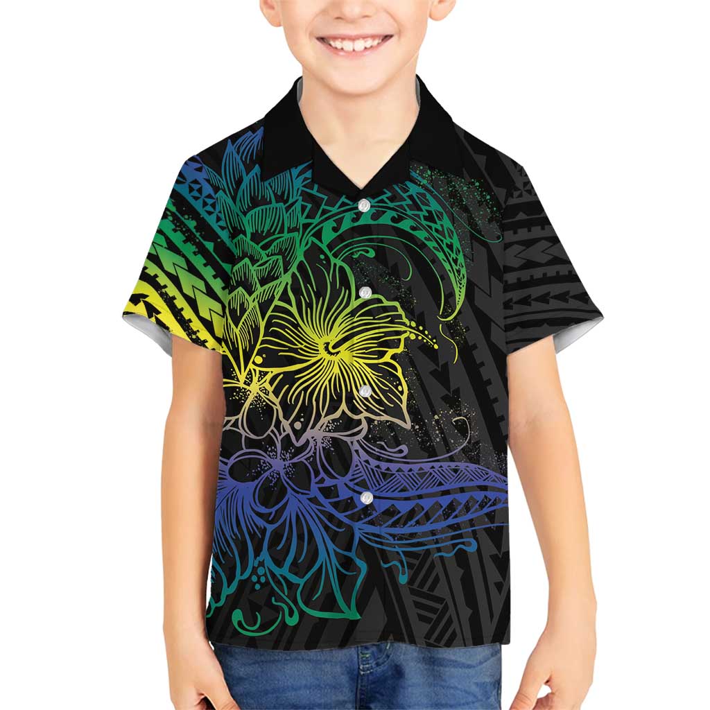 Floral Polynesian Hibiscus Tattoo Family Matching Off Shoulder Maxi Dress and Hawaiian Shirt Green Gradient Style