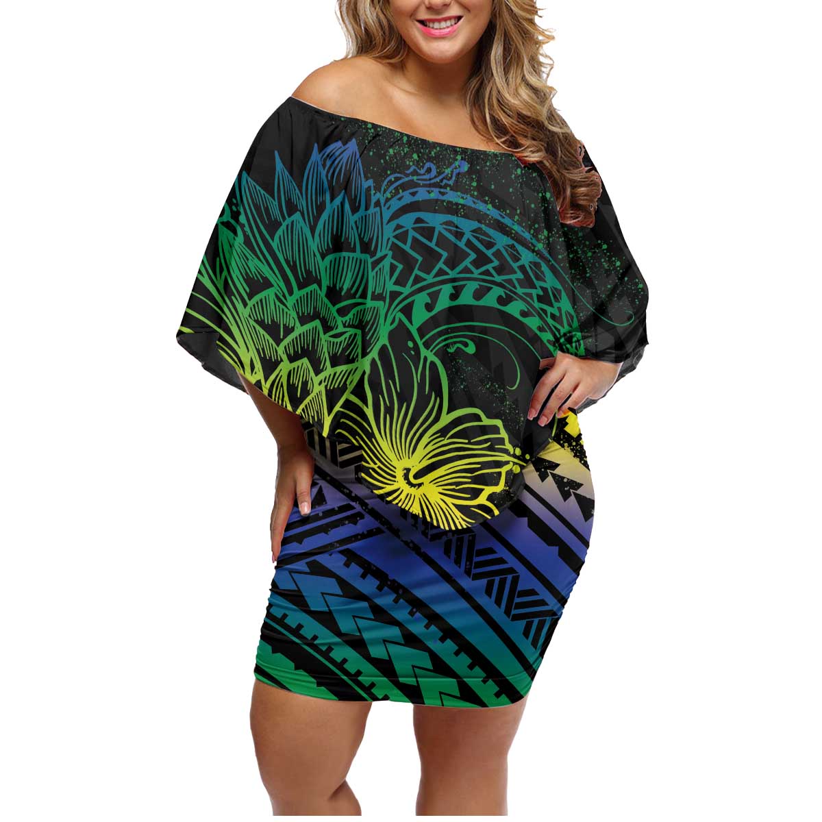 Floral Polynesian Hibiscus Tattoo Family Matching Off Shoulder Short Dress and Hawaiian Shirt Green Gradient Style