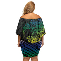 Floral Polynesian Hibiscus Tattoo Family Matching Off Shoulder Short Dress and Hawaiian Shirt Green Gradient Style