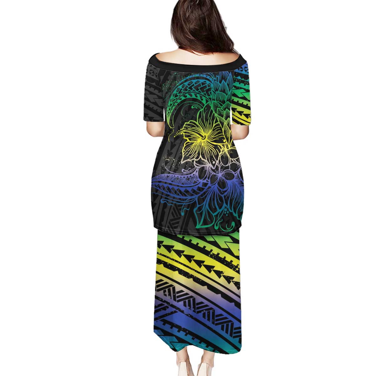 Floral Polynesian Hibiscus Tattoo Family Matching Puletasi and Hawaiian Shirt Green Gradient Style