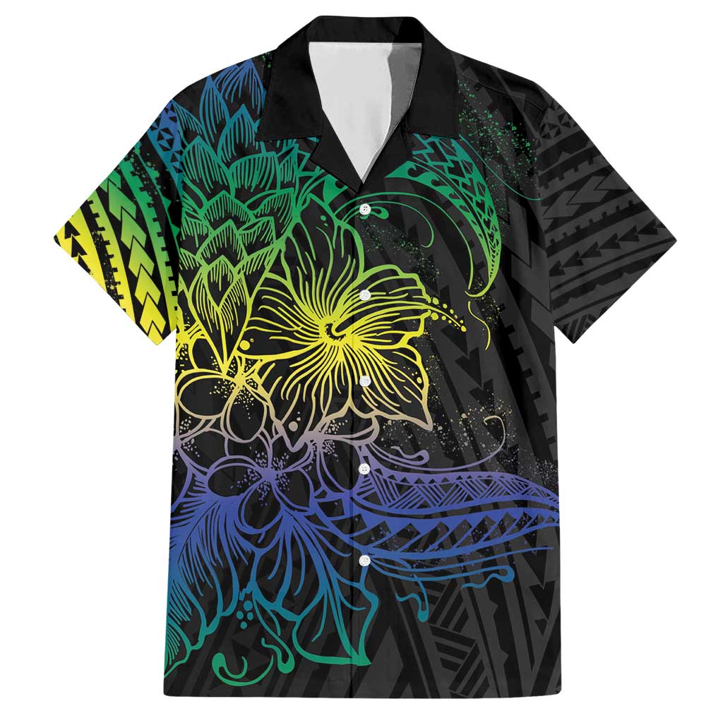 Floral Polynesian Hibiscus Tattoo Family Matching Short Sleeve Bodycon Dress and Hawaiian Shirt Green Gradient Style LT9 Dad's Shirt - Short Sleeve Green - Polynesian Pride
