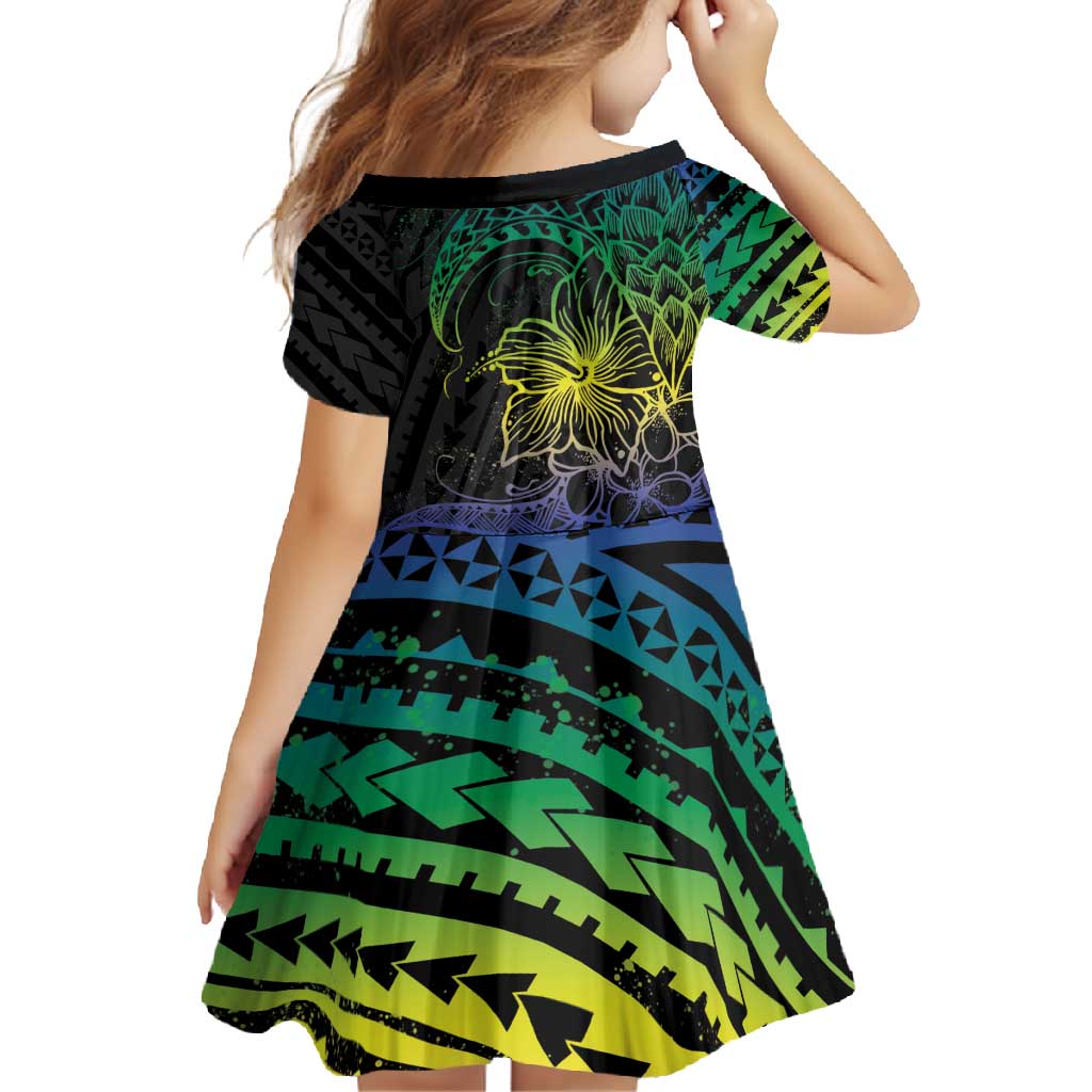 Floral Polynesian Hibiscus Tattoo Family Matching Summer Maxi Dress and Hawaiian Shirt Green Gradient Style LT9 - Polynesian Pride