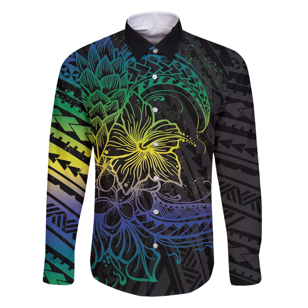 Floral Polynesian Hibiscus Tattoo Family Matching Summer Maxi Dress and Hawaiian Shirt Green Gradient Style LT9 Dad's Shirt - Long Sleeve Green - Polynesian Pride