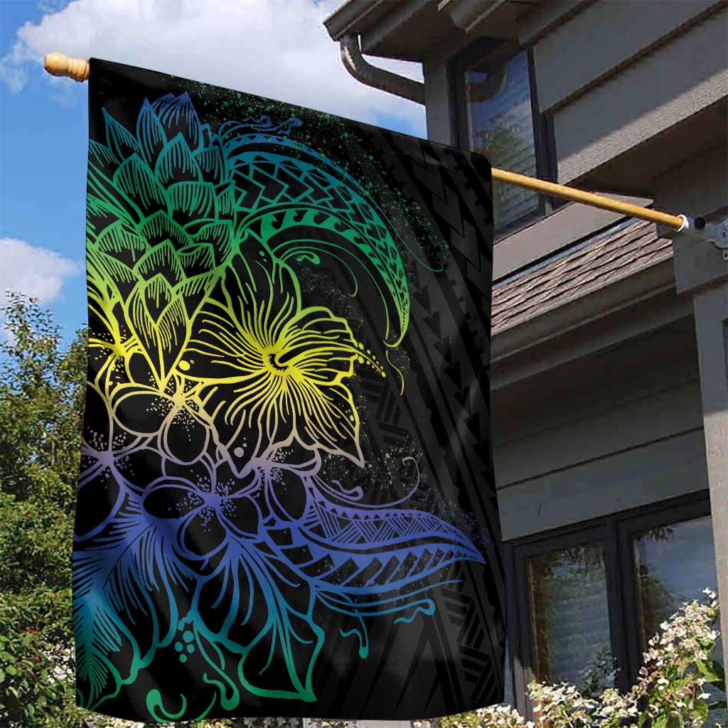 Floral Polynesian Hibiscus Tattoo Garden Flag Green Gradient Style