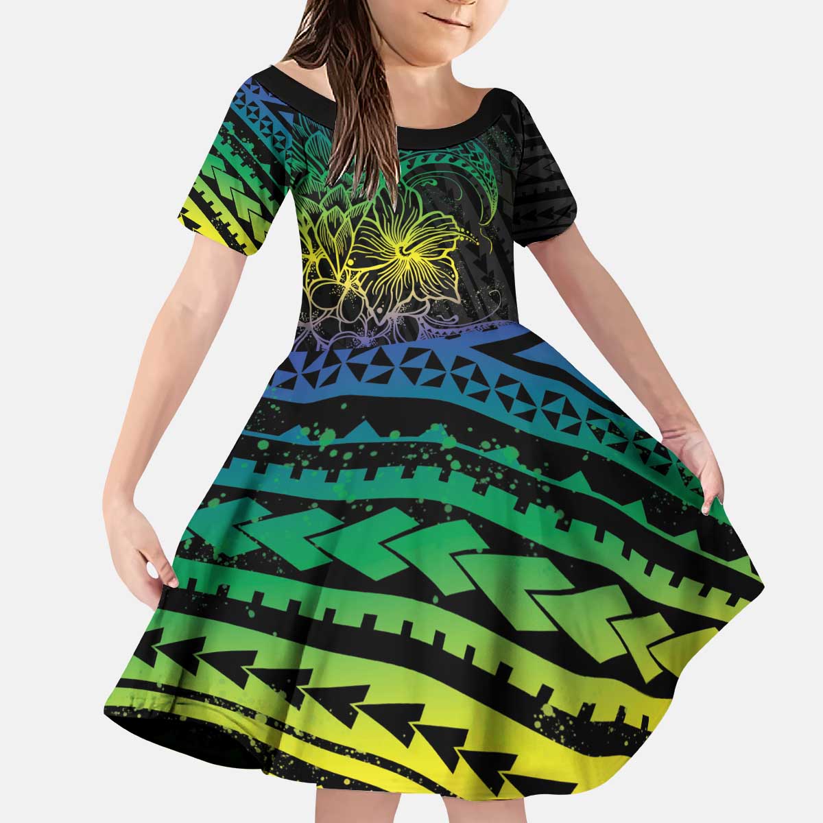 Floral Polynesian Hibiscus Tattoo Kid Short Sleeve Dress Green Gradient Style