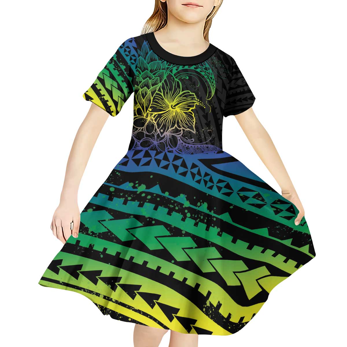 Floral Polynesian Hibiscus Tattoo Kid Short Sleeve Dress Green Gradient Style