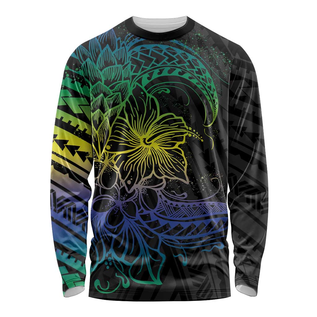 Floral Polynesian Hibiscus Tattoo Long Sleeve Shirt Green Gradient Style LT9 Unisex Green - Polynesian Pride