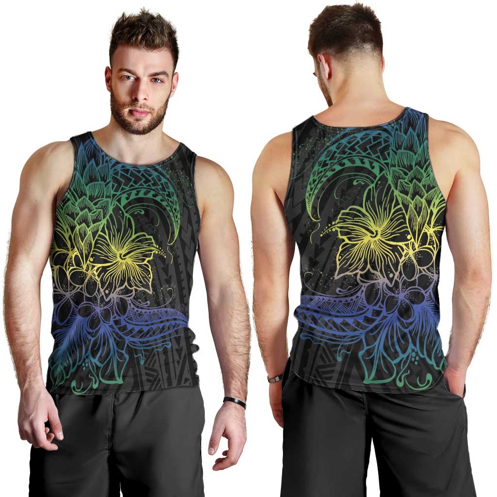 Floral Polynesian Hibiscus Tattoo Men Tank Top Green Gradient Style