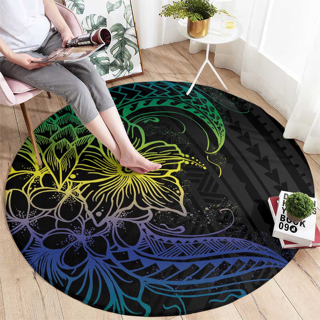 Floral Polynesian Hibiscus Tattoo Round Carpet Green Gradient Style LT9 - Polynesian Pride