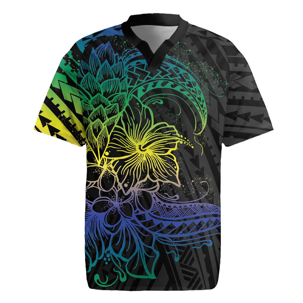 Floral Polynesian Hibiscus Tattoo Rugby Jersey Green Gradient Style
