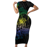 Floral Polynesian Hibiscus Tattoo Short Sleeve Bodycon Dress Green Gradient Style LT9 Long Dress Green - Polynesian Pride