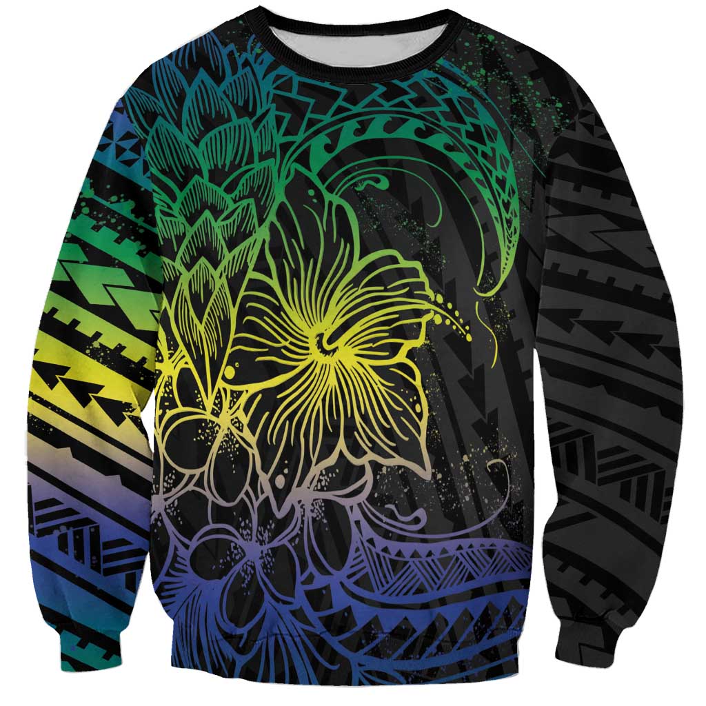 Floral Polynesian Hibiscus Tattoo Sweatshirt Green Gradient Style