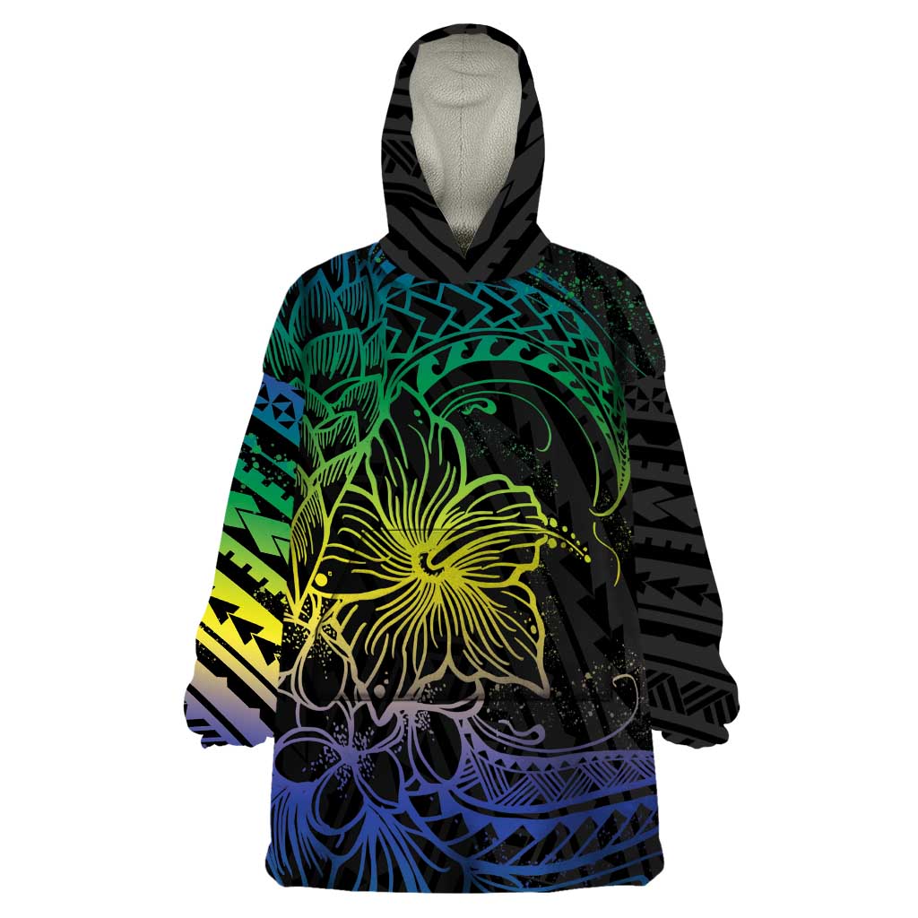 Floral Polynesian Hibiscus Tattoo Wearable Blanket Hoodie Green Gradient Style LT9 One Size Green - Polynesian Pride