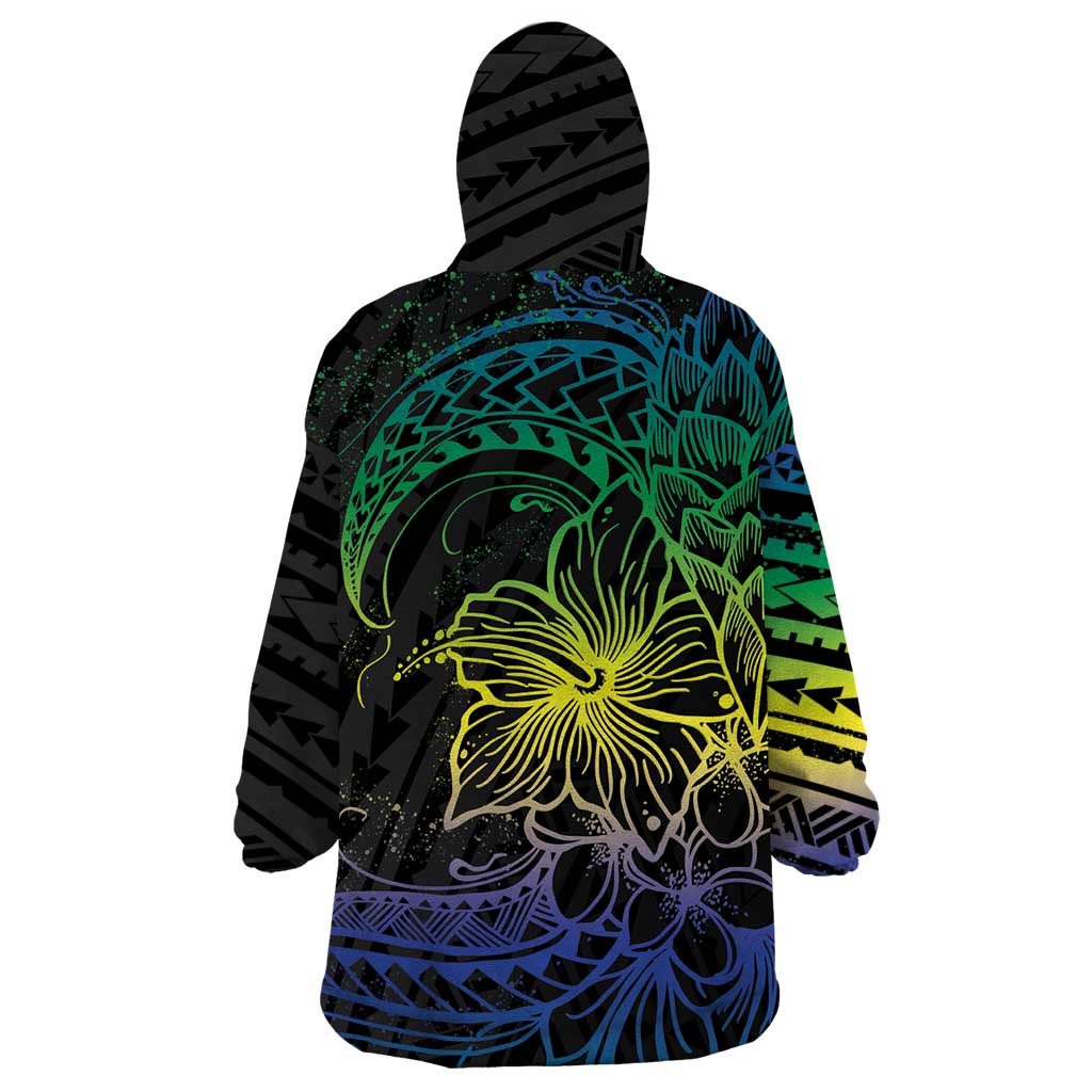 Floral Polynesian Hibiscus Tattoo Wearable Blanket Hoodie Green Gradient Style