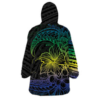 Floral Polynesian Hibiscus Tattoo Wearable Blanket Hoodie Green Gradient Style