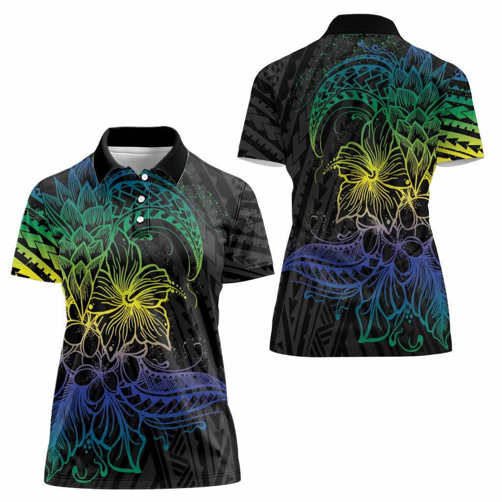 Floral Polynesian Hibiscus Tattoo Women Polo Shirt Green Gradient Style